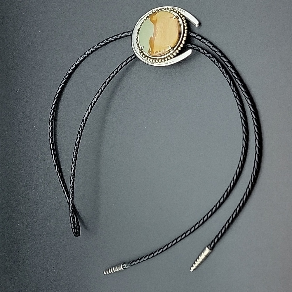 Mens Desert Lanscape Picture Jasper Bolo Braided Leather Tie Natural Gemstone - Picture 2 of 6